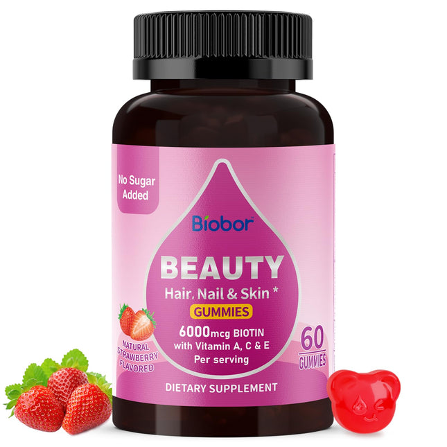 Beauty Gummies No Sugar Added, Hair Skin and Nails Gummies with Vitamins a C E, 