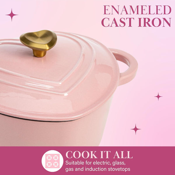 Paris Hilton Enameled Cast Iron Dutch Oven Pot with Lid, Heart-Shaped Dutch Oven, Durable Cast Iron Pot with Dual Handles, Oven Safe to 500°F,