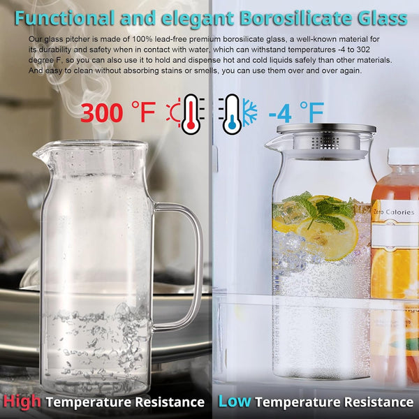 Bivvclaz 2 Liter 68 oz Glass Pitcher with Lid and Handle, Glass Carafe for Hot/Cold Water, Large Iced Tea Pitcher for Coffee, Juice and Homemade