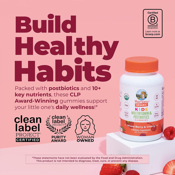 Maryruth Organics Kids Vitamins | USDA Organic | Multivitamin Gummies + Postbiotics for Ages 4+ | Lactobacillus Rhamnosus | Vegan | Non-Gmo | 60 Count