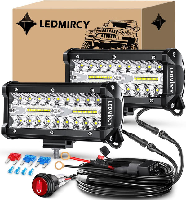 Light Bar,Ledmircy 7 Inch LED Light Bar Kit with round Toggle Switch Wiring Harness 2 Lead White LED Pod Lights Triple Rows Spot Flood Combo Beam