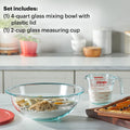 Pyrex Smart Essentials 3-Piece Glass Prep Set, 4-QT Glass Mixing Bowl with Lid and 2-Cup Measuring Cup, Dishwasher, Microwave and Freezer Safe,