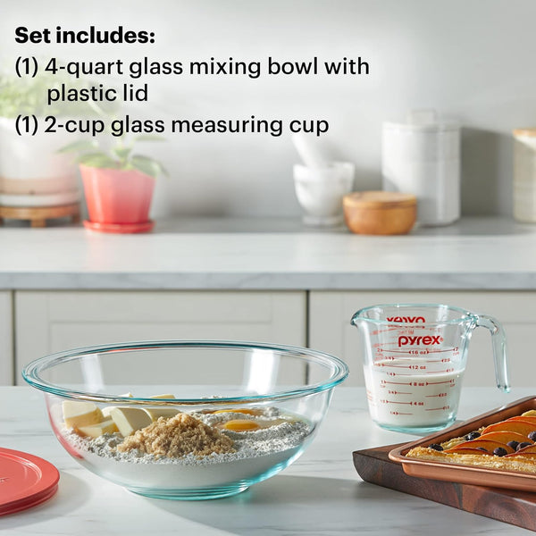 Pyrex Smart Essentials 3-Piece Glass Prep Set, 4-QT Glass Mixing Bowl with Lid and 2-Cup Measuring Cup, Dishwasher, Microwave and Freezer Safe,