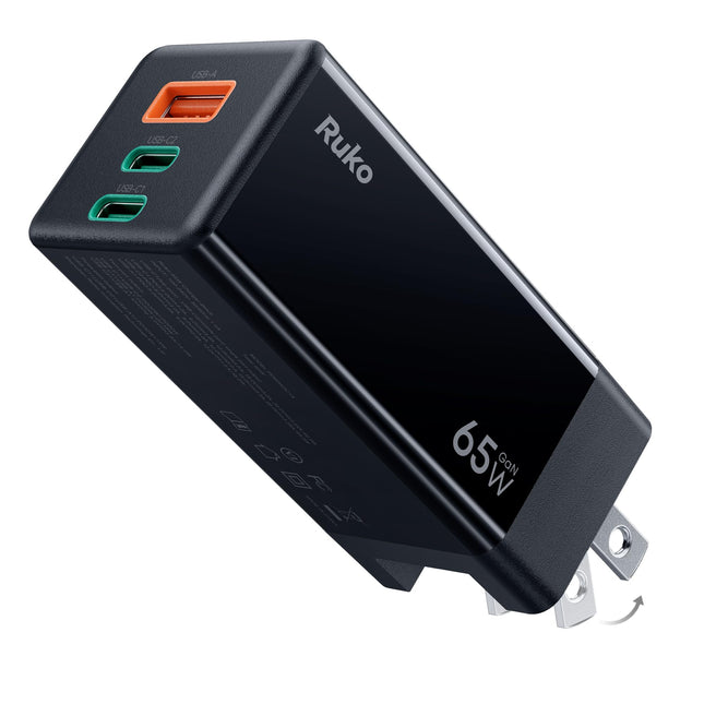 Ruko PD65W USB C Charger, 3-Port Gan Fast Charger Block, Compact Foldable Wall Charger for Iphone 16/15, Macbook Pro/Air