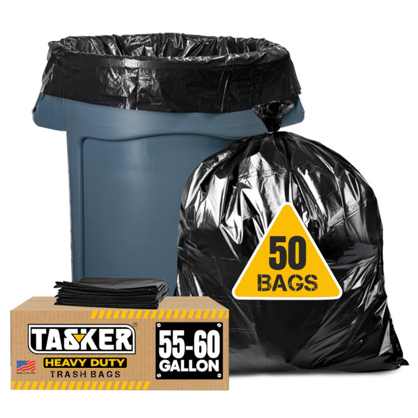 Tasker 55-60 Gallon Trash Bags Heavy Duty | Value 50 Count Bags W/Ties | Extra Large Industrial Trash Bags 55 Gallon, Lawn and Leaf Bags, Extra