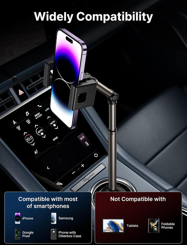 JSAUX Car Cup Holder Phone Mount, Metal Long Arm, Adjustable Base ClipMount