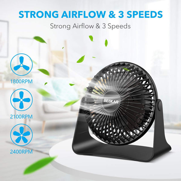 BESKAR USB Small Desk Fan, Portable Fans with 3 Speeds Strong Airflow, Quiet Operation and 360°Rotate, Personal Table Fan for Home,Office, Bedroom