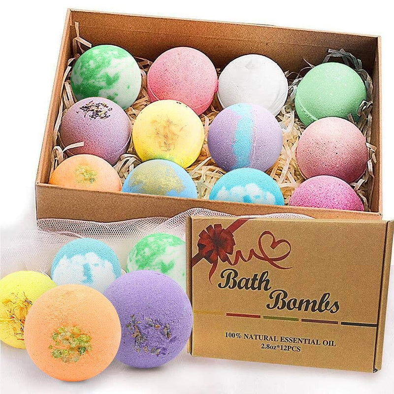 BOENFU Large Bath Bombs Gift Set 12 Scents 2.8oz per Ball | Natural Essential Oils Dry Skin Moisturize Bubble Spa Bath Handmade Birthday Gifts for