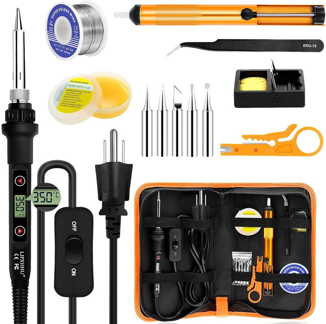 Soldering Iron Kit 80W LCD Adjustable Temperature 180-520? Solder Kit Electronics 13 in 1 Welding Tools with ON/OFF Swit