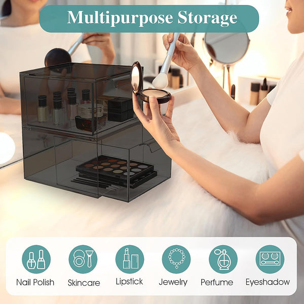 SpaceHacks 2 Pack Stackable Makeup Organizer and Storage, Acrylic Organizers，Clear Plastic Storage Drawer with Pull-Out Handles for Vanity,