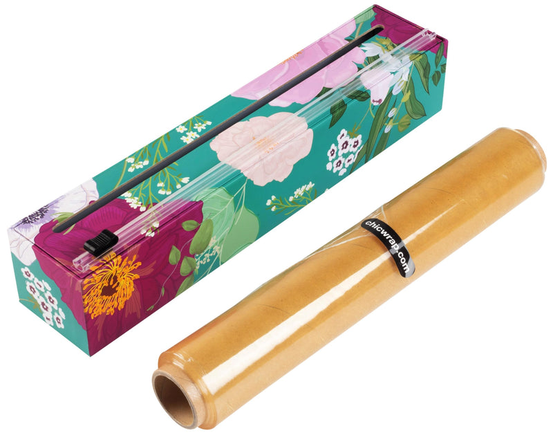Chicwrap Spring Flowers Refillable Plastic Wrap Dispenser - One 12" x 250' Roll of Professional Grade Plastic Wrap - BPA Free and Kosher Certified