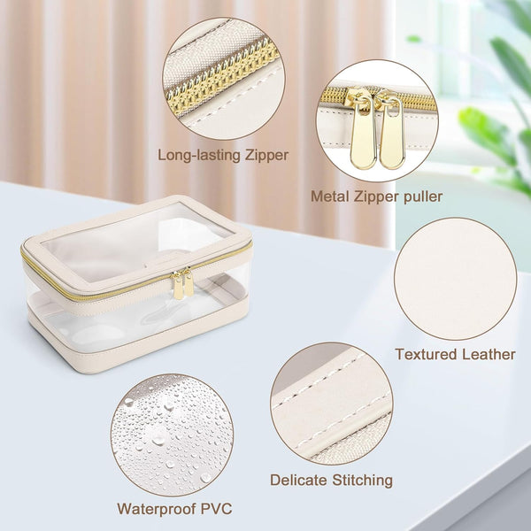 Travel Clear Makeup Bag with Makeup Brush Bag, Leather Make up Case Toiletry Bag, Portable Cosmetic Bag Case, Transparent Waterproof Cosmetic