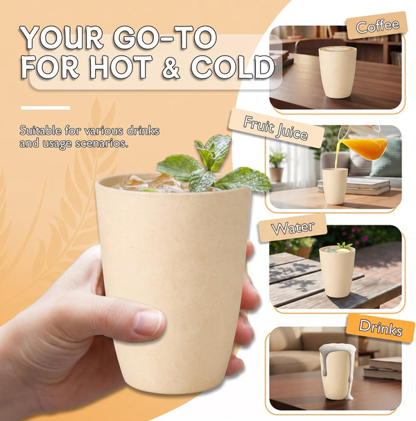 Wrova Wheat Straw Cups 6 PCS Good Alternative to Plastic Reusable Cups 12 oz Unbreakable Drinking Cup Reusable Dishwasher Safe Water Plastic