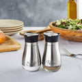 Stainless Steel Salt and Pepper Shaker Set with Glass Bottom, Perforated "S" and "P" Caps - Modern Kitchen Counter Decor (4oz) 4 Inch