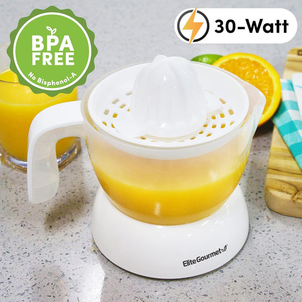 Elite Gourmet ETS-411 Electric Citrus Juicer, Compact 30-Watt, 16 oz, White | BPA-Free build with large-volume pulp control - juices oranges,
