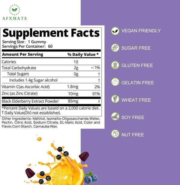 AFXMATE Sambucus Elderberry Gummies, Black Elderberry with Zinc and Vitamin C for Adults, Sugar Free Immune Support* Supplement Gummies (2 Pack)