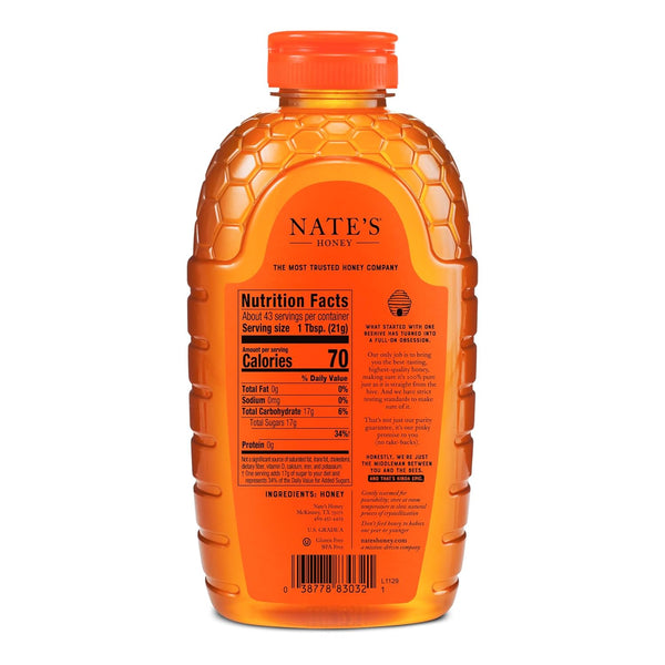 Nate's 100% Pure, Raw & Unfiltered Honey - Award-Winning Taste, 32oz. Squeeze Bottle 32 Ounce (Pack of 1)