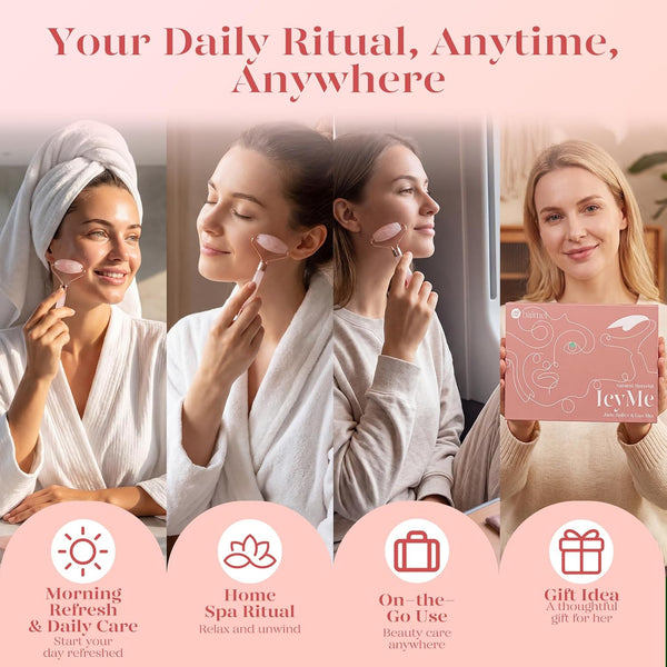 BAIMEI IcyMe Rose Quartz Roller & Gua Sha Facial Tool Set for Depuffing | Cooling Face Roller for Lymphatic Massage,Sculpting Tool for Face, Eyes