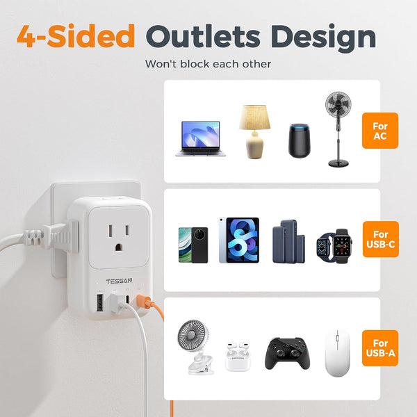 USB C Charger Block 20W PD, TESSAN Foldable Wall Charger with 4 USB Ports and 4 AC Outlet Extender, Multi Charging Station for Cruise, Home,