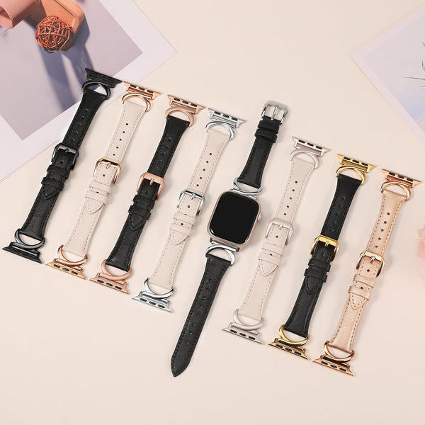 Minyee Leather Bands Compatible with Apple Watch Band 38/40/41/42/44/45/46/49mm Women, Slim Thin Dressy Designer Strap with C-Shape Metal Buckle