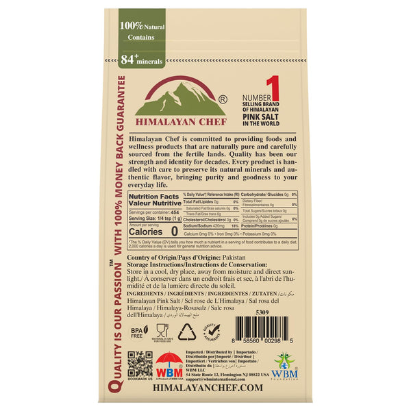 Himalayan Chef Pink Himalayan Salt Fine Grain, 1 lb Bag - Pure, Natural, Kosher, Non-GMO, Mineral-Rich, for Cooking, Seasoning, Baking, Table Use