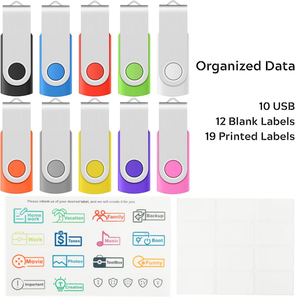 Professional 10-Pack of Enfain 16GB Multicolor USB 2.0 Flash Drive 10 Pack | Swivel Thumb Drives with 31 Labels | Gift-Ready Packaging for