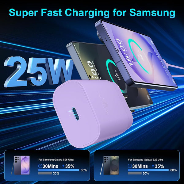 Super Fast Charger Type C, 25W USB C Wall Charger Fast Charging 6.6FT Cable Lavender 6.6FT