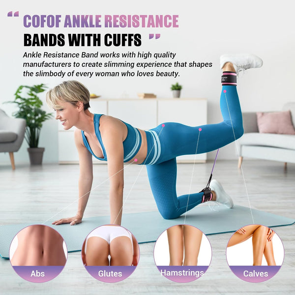 COFOF Ankle Resistance Bands w/ Cuffs, Ankle Bands for Working Out, Ankle Band Cuff for Kickbacks Hip, Leg Glute Exercise Equipment w/ Training