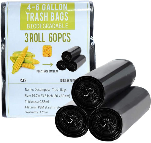 4 Gallon Trash Bags Black Biodegradable Small Garbage Bags 60 Cts Recycled Unscented Strong Trasn Can Liner for Bathroom Office Restroom Car