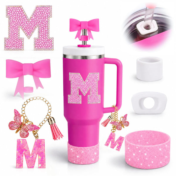 6PCS Pink Stanley Cup Accessories Set, Initials Decorations for Stanley Cup 30oz 40oz, Includes Bow Straw Topper, Handle Charm, Letter Sticker,