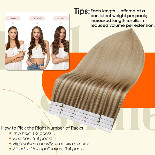 Full Shine Tape In Hair Extensions Human Hair, Golden Brown Blonde 14 Inch | 50G 20Pcs, Remy Hair Extensions Real Human Hair, Invisible Skin Weft,