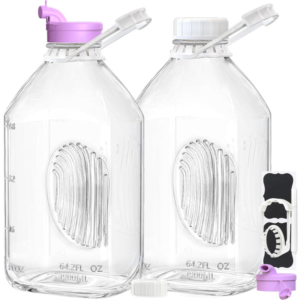 2 Pack 64 Oz Heavy Duty Glass Milk Bottle with 1 Silicone Spout and 3 Reusable Airtight SCREW LID, 2 Qt Glass Water Bottle with 2 Exact Scale