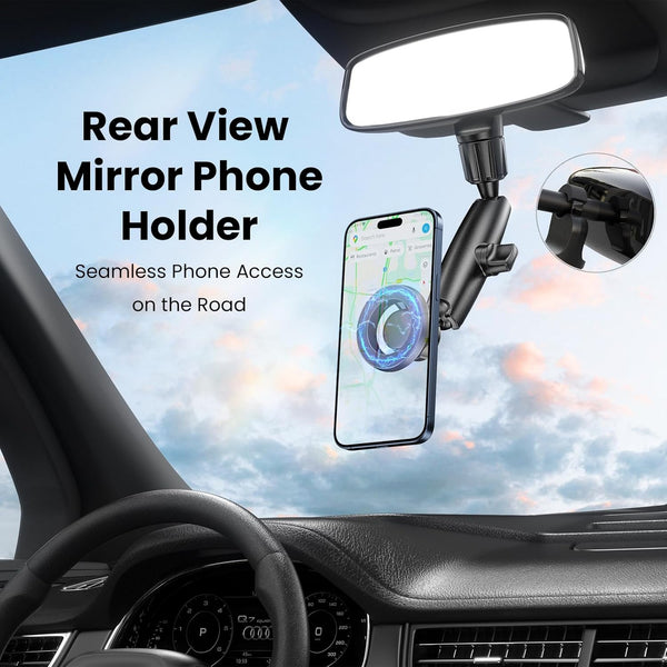 Magnetic Phone Holder for Car, Rear View Mirror Phone Holder, 360Â° Rotating Car Phone Mount, Compatible with Iphone 16/15/14/13/12 Series and All