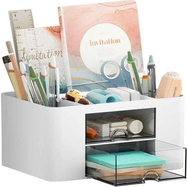 Marbrasse Pen Organizer with 2 Drawer, Multi-Functional Pencil Holder for Desk, 