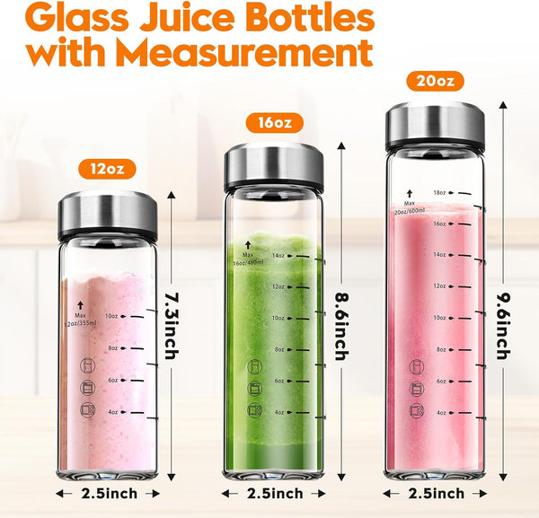 SIEROZUR Glass Juice Bottles 16 Oz-2 Pack Leak Proof Wide Mouth Water Bottle with Stainless Steel Lid & Sleeve - for Juicing, Smoothies, Infused