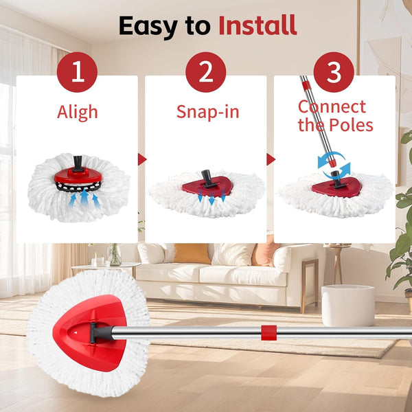 Spin Mop Head, Base, Handle Replacement for O-Ceda Easywring Microfiber Spin Mop, 2 Microfiber Mop Refills, 1 Triangle Mops Head Cover and 30-58In