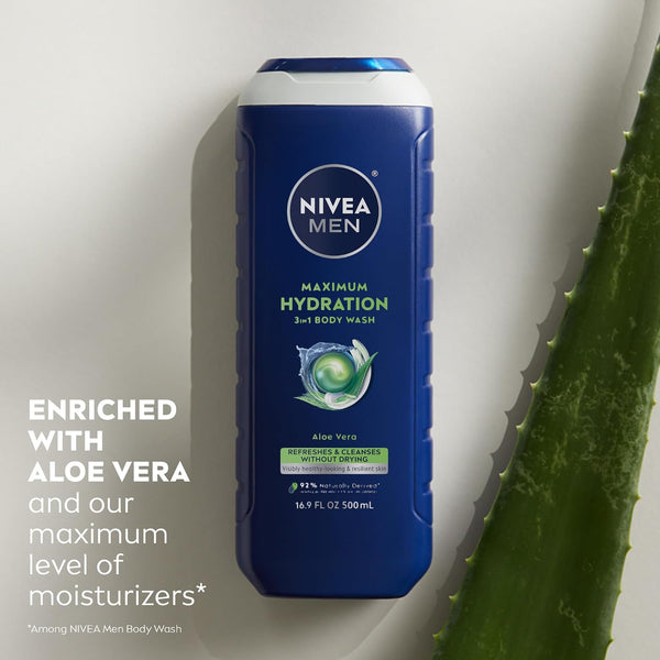 NIVEA MEN Maximum Hydration Body Wash for Dry Skin, Aloe Vera Enriched, 3-in-1 Moisturizing Body Wash, Face and Hair, Paraben Free, Vegan Formula,