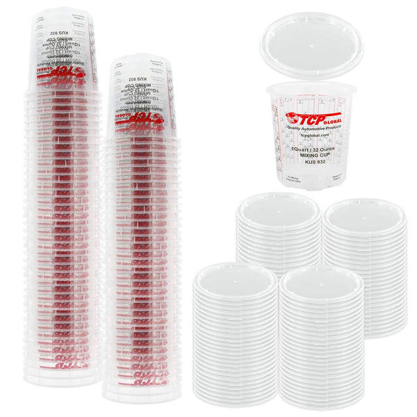 Custom Shop/TCP Global Full Case of 100 Quart (32oz) Paint Mixing Cups with 50 Lids - Cups are Calibrated with Multiple Mixing Ratios (1-1) (2-1)