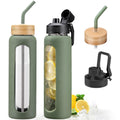 32Oz Glass Water Bottle with Straw and 2 Lids- Bamboo and Handle Spout Lid, Glass Drinking Bottles with Silicone Sleeve Motivational Time Marker