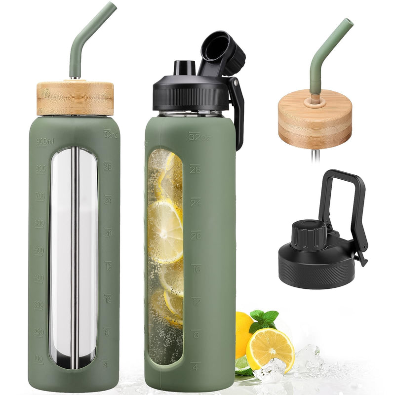 32Oz Glass Water Bottle with Straw and 2 Lids- Bamboo and Handle Spout Lid, Glass Drinking Bottles with Silicone Sleeve Motivational Time Marker