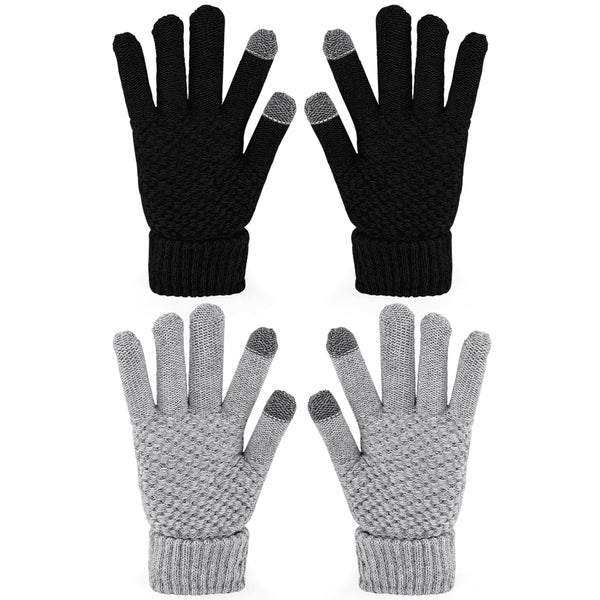 2 Pairs Women's Gloves for Cold Weather, Winter Touch Screen Gloves Women, Warm Fleece Lined Knit Gloves Black, Gray
