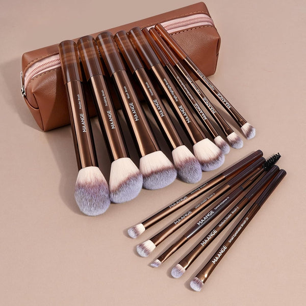 MAANGE 13 PCS Makeup Brushes Professional Make up Brushes Premium Synthetic Powder Concealers Brushes Travel Makeup Brush Set with Case (Coffee)