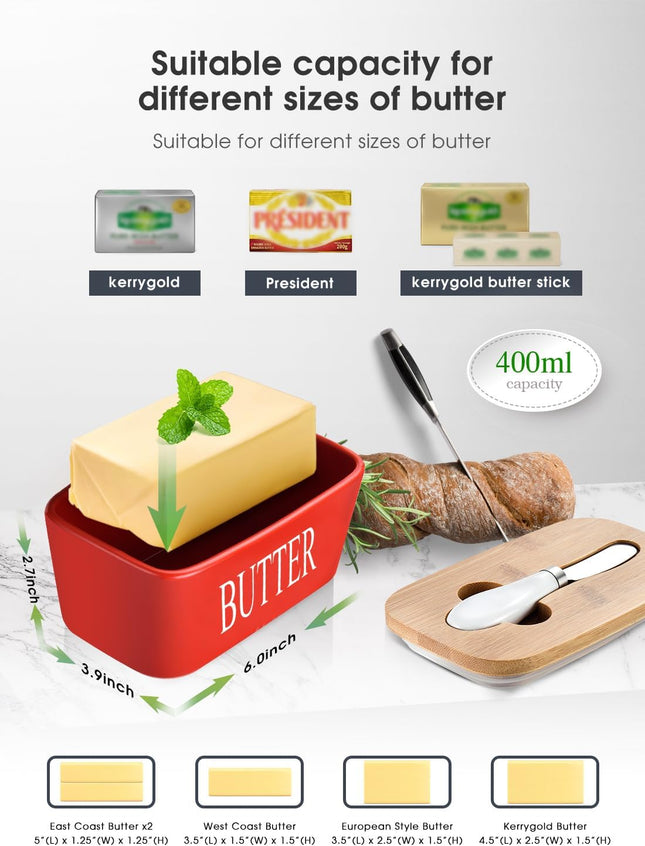 AISBUGUR Large Butter Dish with Lid Ceramics Butter Keeper Container with Knife and High- Quality Silicone Sealing Butte