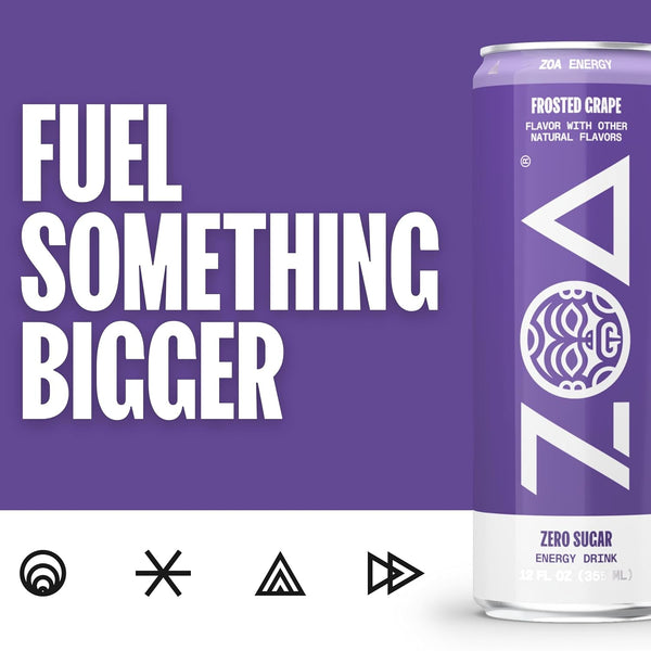 ZOA Zero Sugar Energy Drinks - Frosted Grape | Healthy Energy Formula with Natural Caffeine, Daily Vitamin C, Essential B-Vitamins | Gluten-Free,