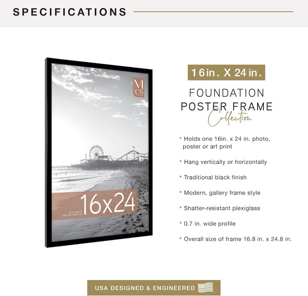 MCS Foundation 16x24 Poster Frame Traditional Black, Vertical & Horizontal Wall Hanging Large Picture Frame for Photos, Posters & Art Prints