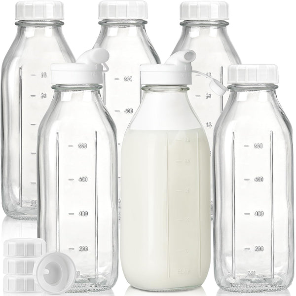 Liter Glass Milk Bottles W 100% Airtight Heavy Duty Screw Lid - 6 Pack 32 Oz Drinking Jars - Food Grade Glass Bottles for Milk, Honey, Jam -