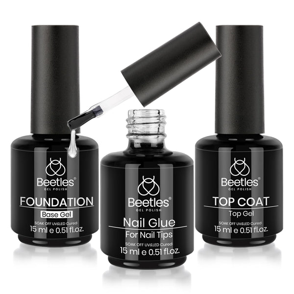 Beetles Top Coat Base Gel & Nail Glue Set-3Pcs No Wipe Top Coat Gel Nail Polish & Base Coat with 9 In 1 Nail Glue Shine Effect Long Lasting Soak