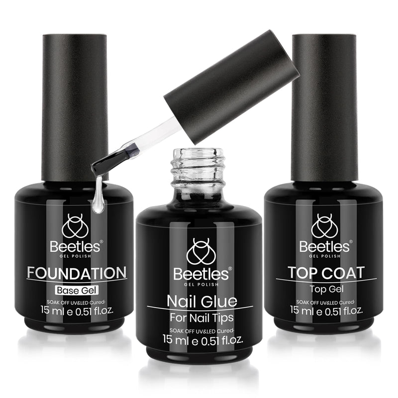 Beetles Top Coat Base Gel & Nail Glue Set-3Pcs No Wipe Top Coat Gel Nail Polish & Base Coat with 9 In 1 Nail Glue Shine Effect Long Lasting Soak
