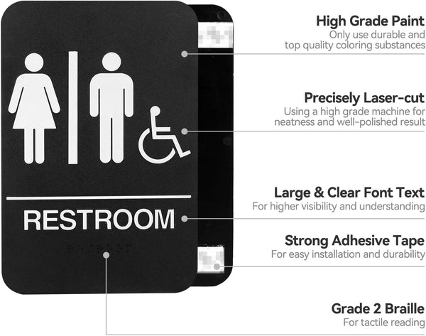Self-Adhesive Business Restroom Sign,Ada Compliant Braille Unisex Bathroom Sign,Public Restroom Sign,Size: 9" X 6"(Unisex Handicap).
