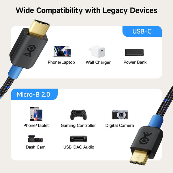 Cable Matters Braided USB C to Micro USB Cable, 3.3ft, Black | 3A/15W Charging, 480Mbps Data, Micro-B USB 2.0, for Controllers, Cameras, GPS and